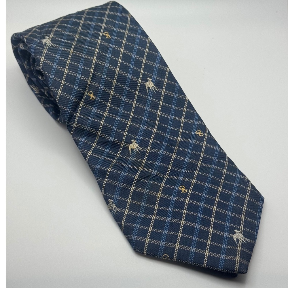 Vitali Italy Men's 100% Silk Tie Navy Blue Grid Plaid Greyhound Dog Motif Preppy